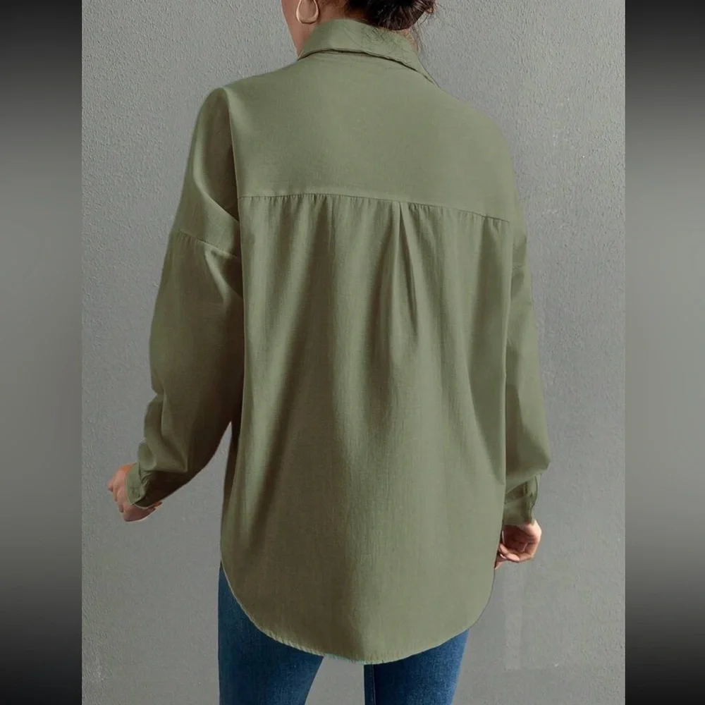 Boho blue eye embroidered button down long sleeve shirt - Picture 2 of 5